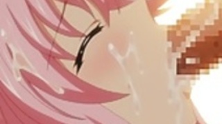 ピンクの髪のフェイシャルとクリームパイを持つ変態少女